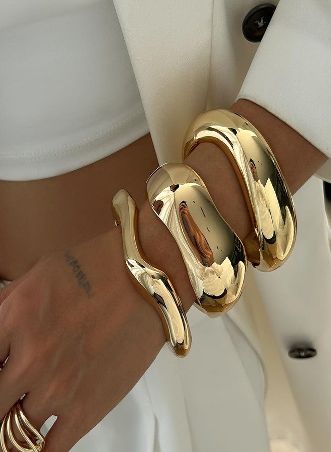 Bowdcvy Gold Bangle Bracelets for Women Trendy Chunky Wide Cuff Stackable Bangles Irregular Minimalist Jewelry Accessories (GOLD-1) - Image 2