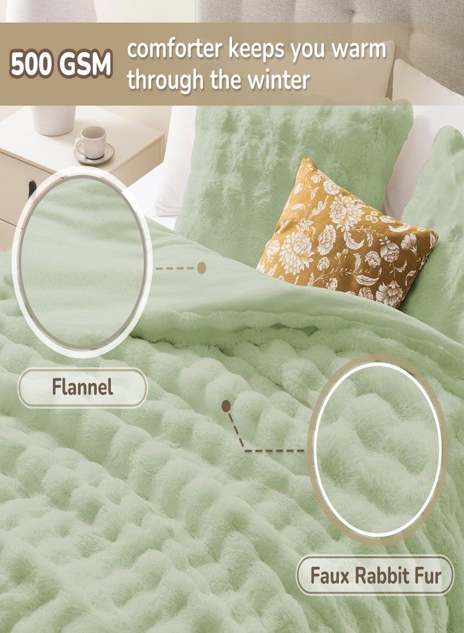downluxe Queen Comforter Set, Fluffy Comforter Faux Fur Comforter Queen Set, Faux Rabbit Fur Winter Bedding Set with 2 Pillowcases, Light Green - Image 3