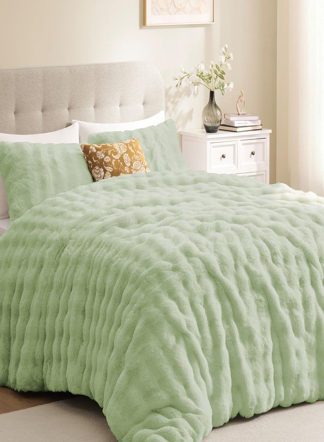 downluxe Queen Comforter Set, Fluffy Comforter Faux Fur Comforter Queen Set, Faux Rabbit Fur Winter Bedding Set with 2 Pillowcases, Light Green - Image 2