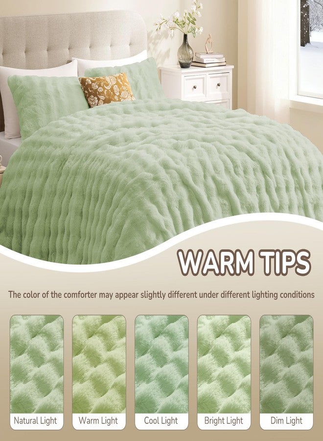 downluxe Queen Comforter Set, Fluffy Comforter Faux Fur Comforter Queen Set, Faux Rabbit Fur Winter Bedding Set with 2 Pillowcases, Light Green - Image 5