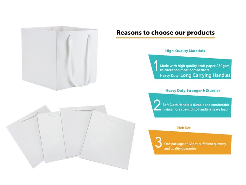 HUAPRINT White Paper Bags with Handles, Gift Bags Bulk 12 Pack, Large Square Size 10x10x10inch, Kraft, Party, Favor, Birthday, Goody, Take-Out, Merchandise, Retail - Image 3