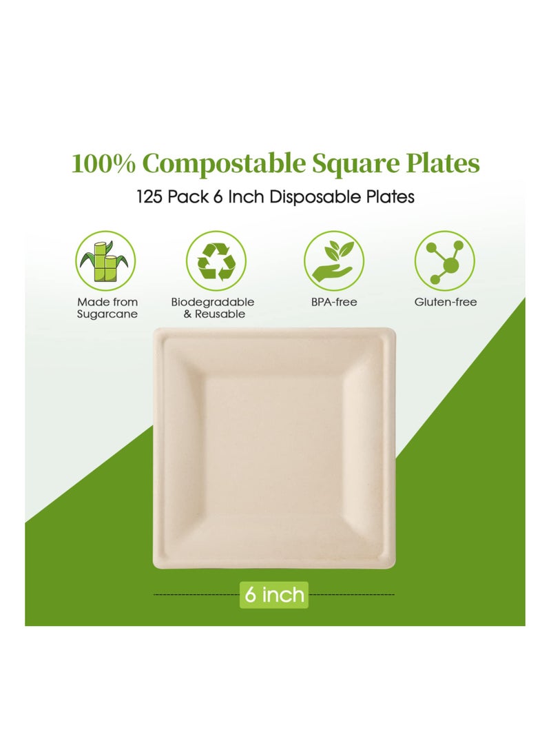 SYOSI 100PCS 6 Inch Compostable Square Plates, Disposable Sugarcane Paper Plates Eco-friendly Biodegradable Square Plates {PFAS-Free} - {BPI Certified} Sturdy Square Plates Heavy Duty Sugarcane Plates  - Image 2