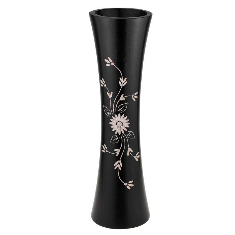 AeraVida Tropical Chic Etched Flower Motif on Concaving Cylindrical Table Vase in Black Stain for Nature Inspired Home D?cor with Stylish Bali Vibes