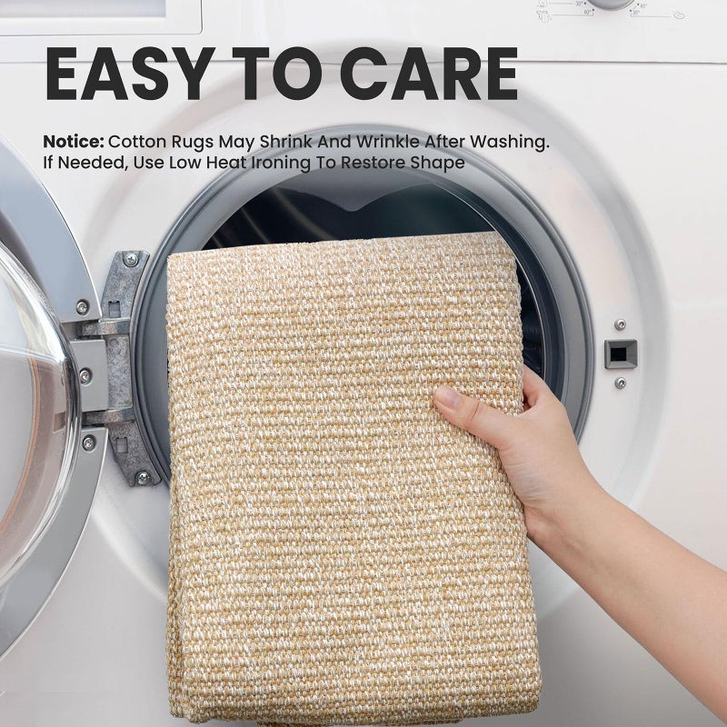 EARTHALL Washable Runner Rug 2x8 Ft Non Slip Runners for Hallways Cotton Rubber Backed Kitchen Runner Braided Indoor Floor Carpet Runners for Entryway, Hallway, Kitchen, Bedroom, Golden Beige/White - Image 3