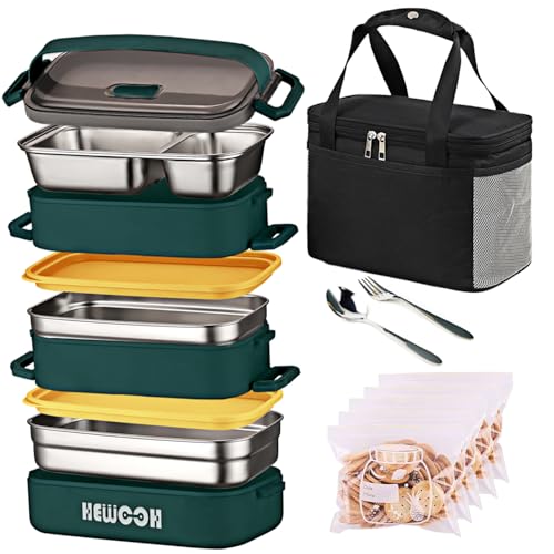 HEWOOH Bento Box Adult Lunch Box (74 Oz Large Capacity), Reusable, Leak-Proof, Including Lunch Bag, Fork And Spoon, 3 Dividers, Suitable For Work, Picnic, Dishwasher And Microwave Safe.(Green) - Image 1