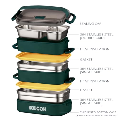 HEWOOH Bento Box Adult Lunch Box (74 Oz Large Capacity), Reusable, Leak-Proof, Including Lunch Bag, Fork And Spoon, 3 Dividers, Suitable For Work, Picnic, Dishwasher And Microwave Safe.(Green) - Image 2