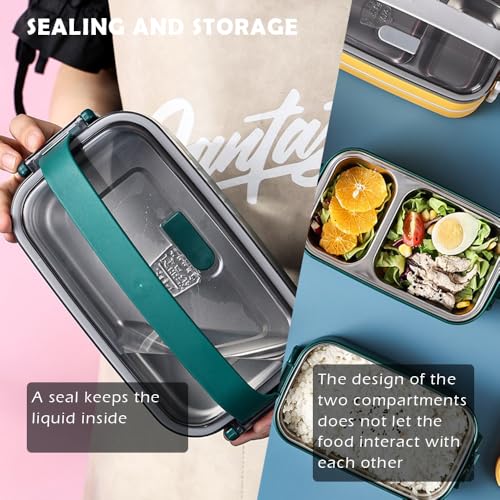 HEWOOH Bento Box Adult Lunch Box (74 Oz Large Capacity), Reusable, Leak-Proof, Including Lunch Bag, Fork And Spoon, 3 Dividers, Suitable For Work, Picnic, Dishwasher And Microwave Safe.(Green) - Image 5