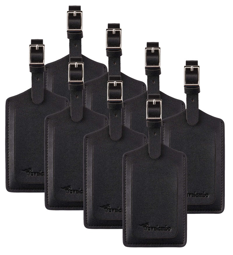 Travelambo 8 Pack Luggage Tags Faux Leather for Suitcases Travel Bag Labels Travel Accessories Essential with Protection Cover ID (Black) - Image 1
