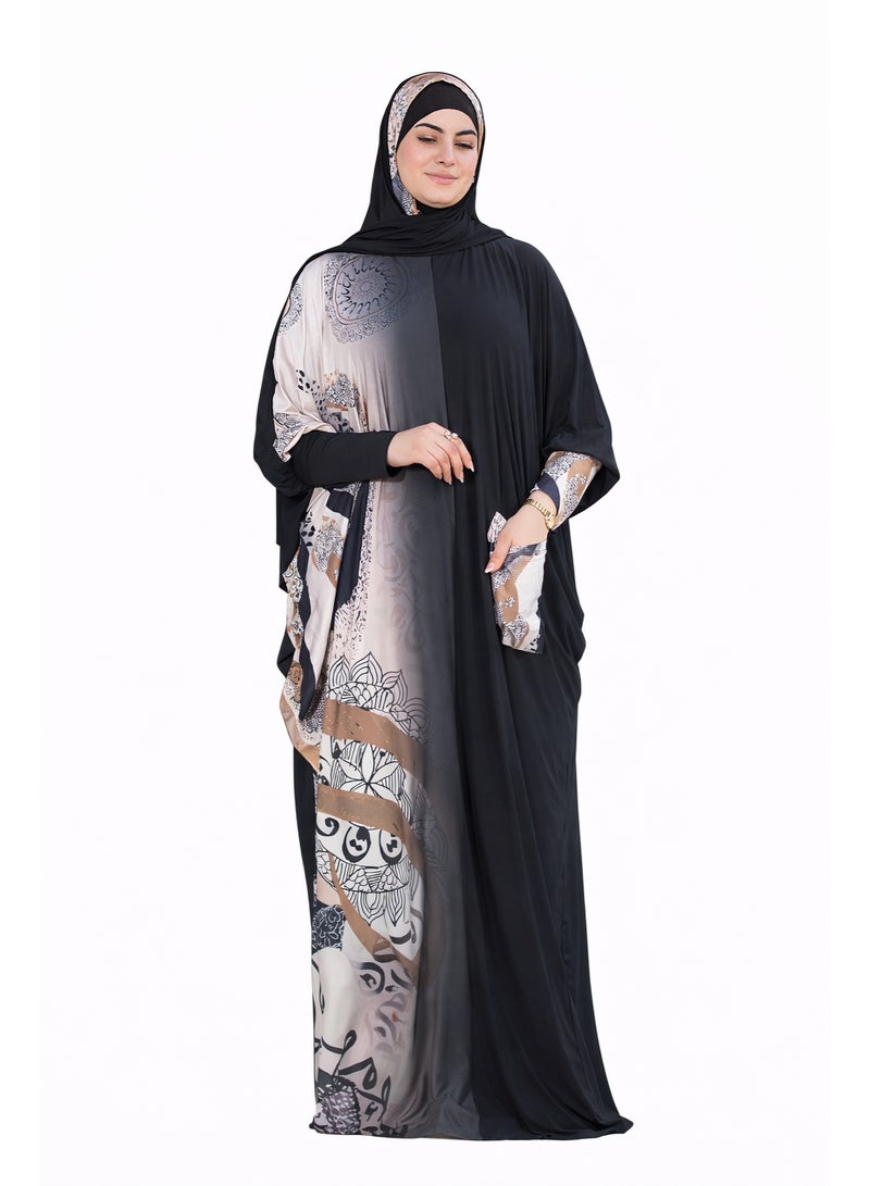 SATR HIJABI Women Printed Isdal Prayer Set – Full Coverage 2-Piece Prayer Outfit with Pocket, Soft Breathable Modest Islamic Wear Black Beige Grey - Image 1