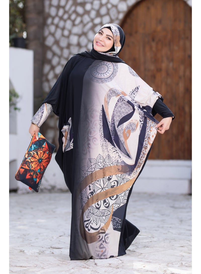 SATR HIJABI Women Printed Isdal Prayer Set – Full Coverage 2-Piece Prayer Outfit with Pocket, Soft Breathable Modest Islamic Wear Black Beige Grey - Image 4