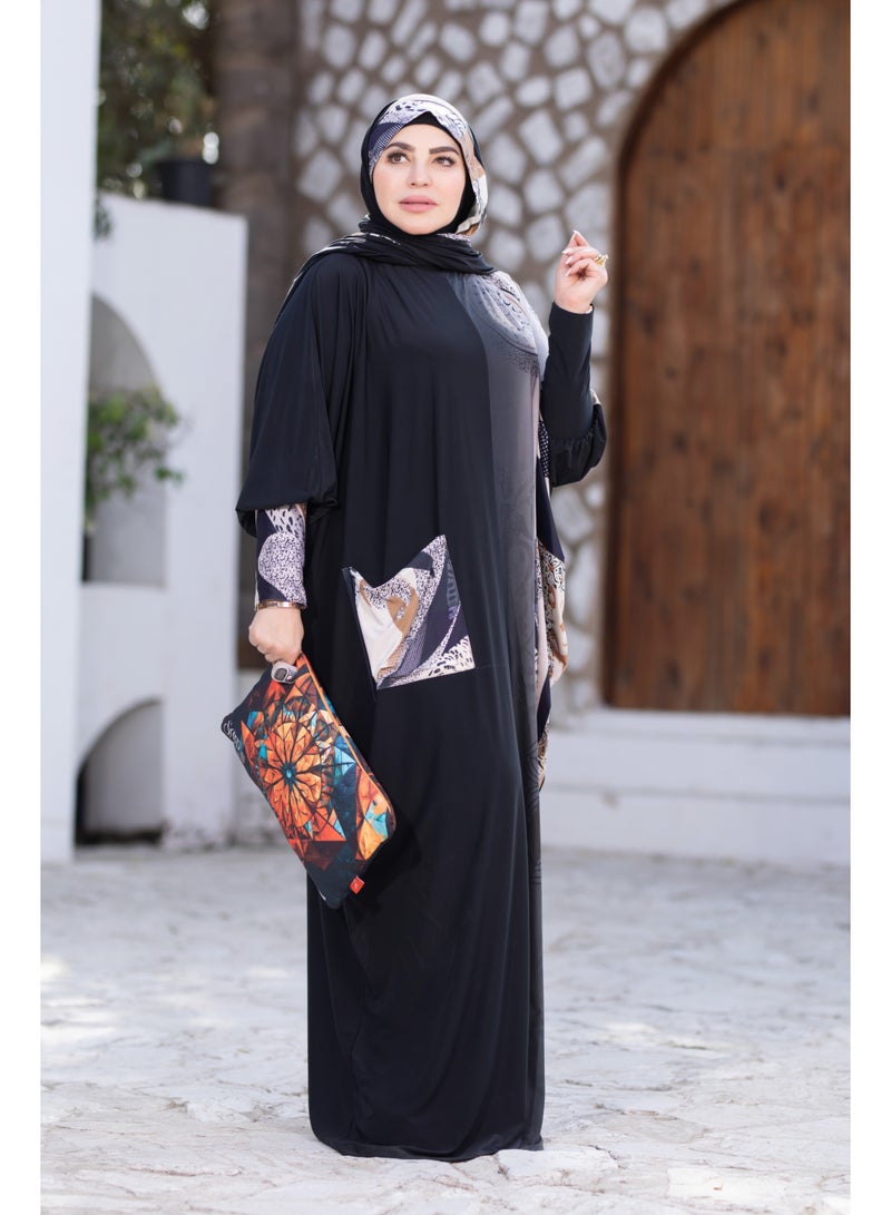 SATR HIJABI Women Printed Isdal Prayer Set – Full Coverage 2-Piece Prayer Outfit with Pocket, Soft Breathable Modest Islamic Wear Black Beige Grey - Image 2