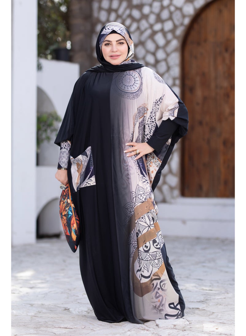 SATR HIJABI Women Printed Isdal Prayer Set – Full Coverage 2-Piece Prayer Outfit with Pocket, Soft Breathable Modest Islamic Wear Black Beige Grey - Image 3