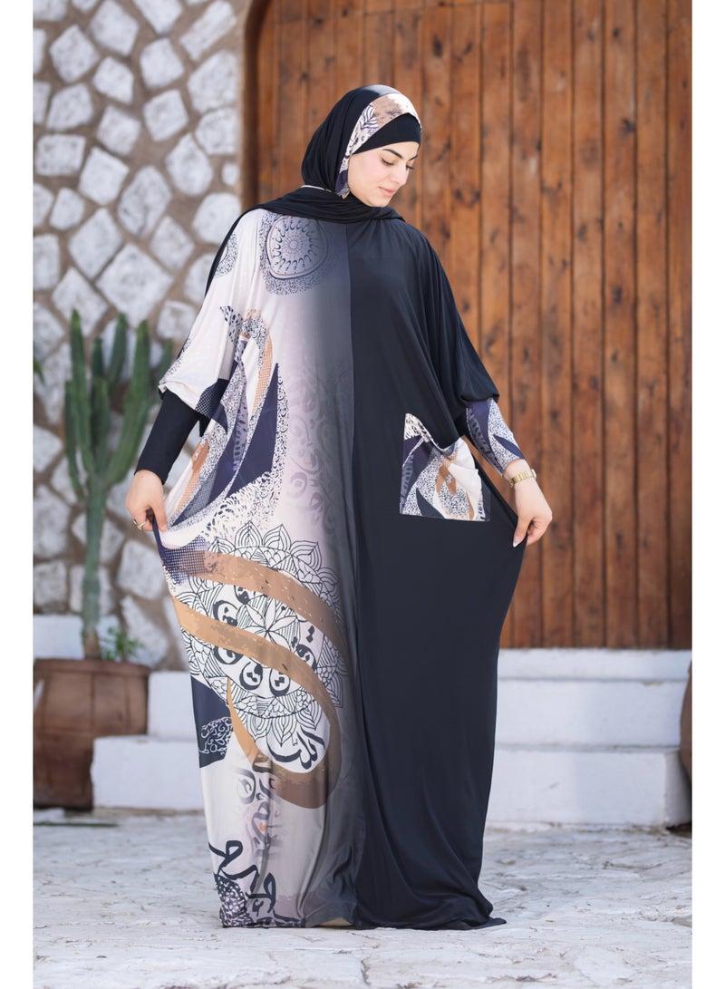 SATR HIJABI Women Printed Isdal Prayer Set – Full Coverage 2-Piece Prayer Outfit with Pocket, Soft Breathable Modest Islamic Wear Black Beige Grey - Image 5