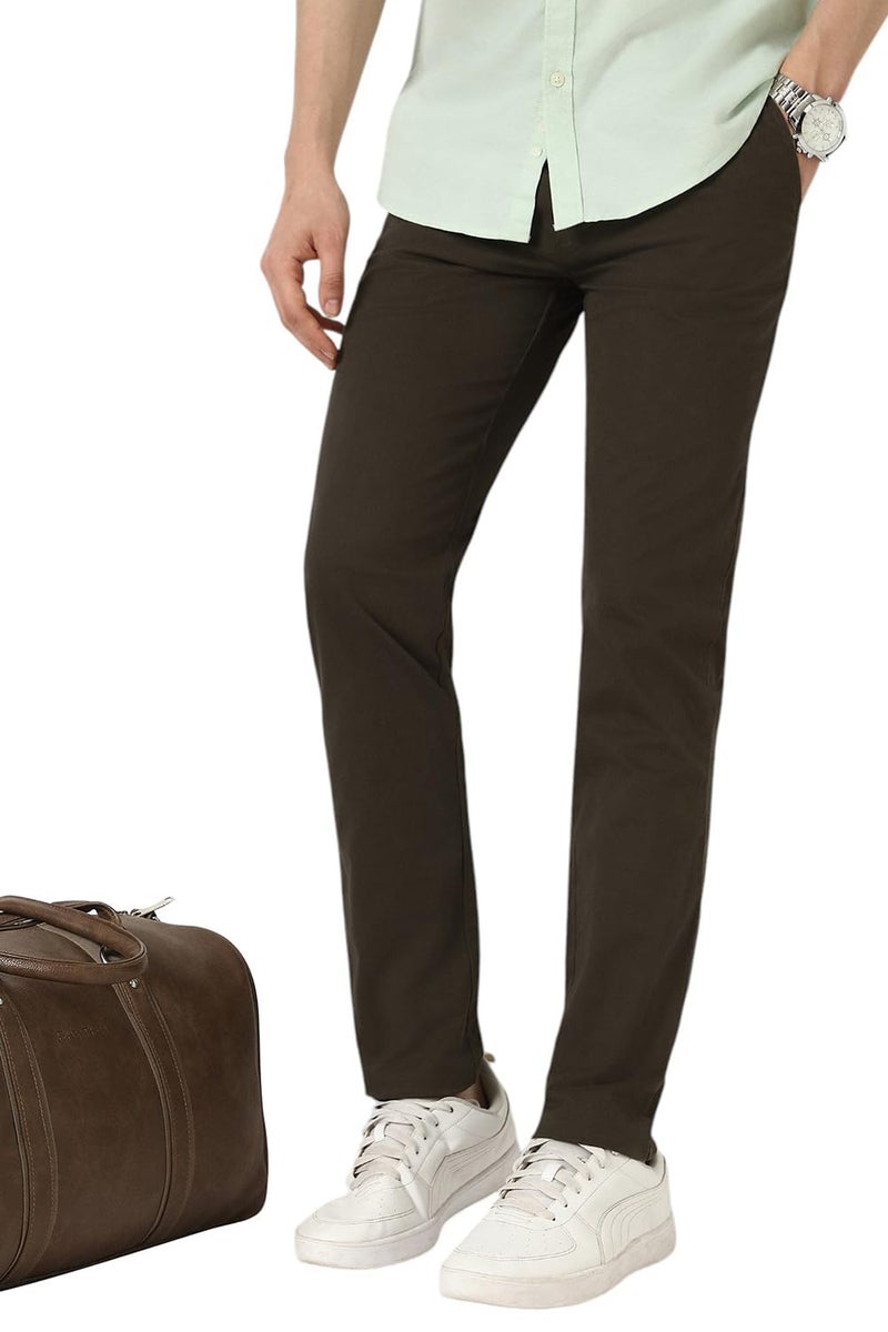 Peter England Men Olive Solid Super Slim Fit Trousers - Image 1