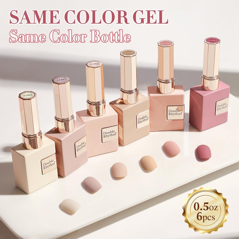 Double Rhythm 6 Pcs 15 ML Gel Polish Set Same Color Same Bottle Soak Off Gel Polish Kit Nail Art Manicure Salon DIY at Home for Women (Light Dark Nude Beige Cream Pink-T6-18) - Image 4