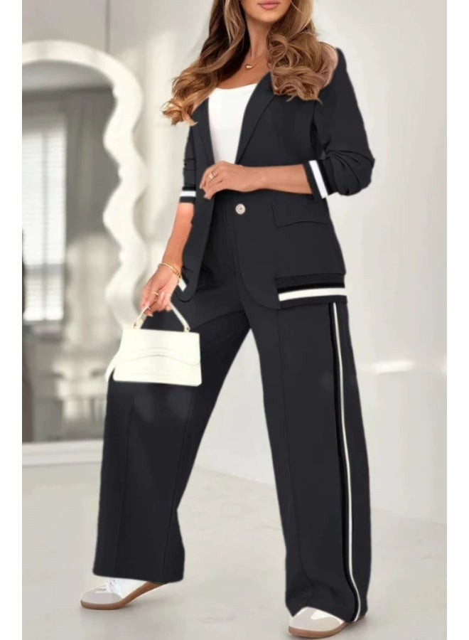 general Blazer Sets Women 2 Piece Outfits Ribbed Sets One Button Blazer and Wide Leg Pants Suits Casual Business Outfits - Image 1