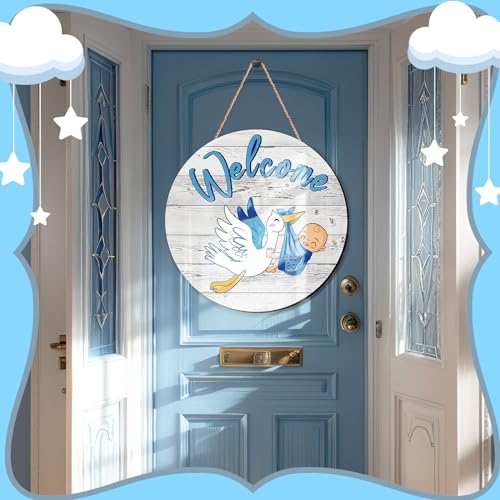 Chunful Baby Boy Door Sign Gender Reveal Welcome Sign Hanging Wreath Round Rustic Wood Farmhouse Decorations Holiday Front Door Decor for Baby Shower Porch Party Supplies - Image 5