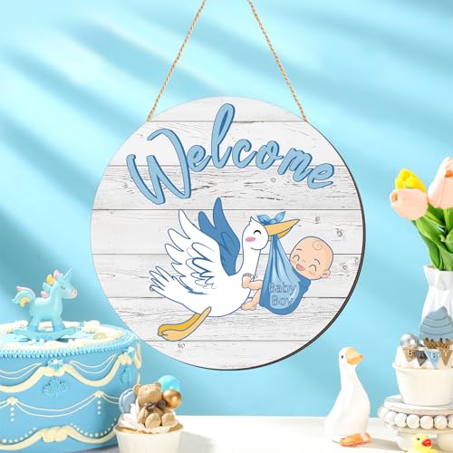 Chunful Baby Boy Door Sign Gender Reveal Welcome Sign Hanging Wreath Round Rustic Wood Farmhouse Decorations Holiday Front Door Decor for Baby Shower Porch Party Supplies - Image 1