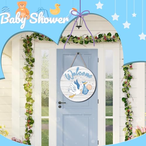 Chunful Baby Boy Door Sign Gender Reveal Welcome Sign Hanging Wreath Round Rustic Wood Farmhouse Decorations Holiday Front Door Decor for Baby Shower Porch Party Supplies - Image 4