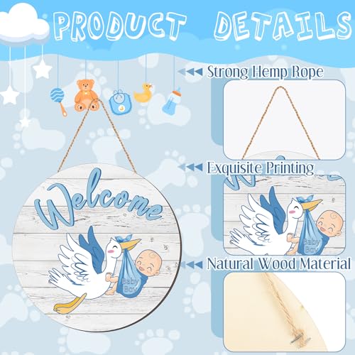 Chunful Baby Boy Door Sign Gender Reveal Welcome Sign Hanging Wreath Round Rustic Wood Farmhouse Decorations Holiday Front Door Decor for Baby Shower Porch Party Supplies - Image 3