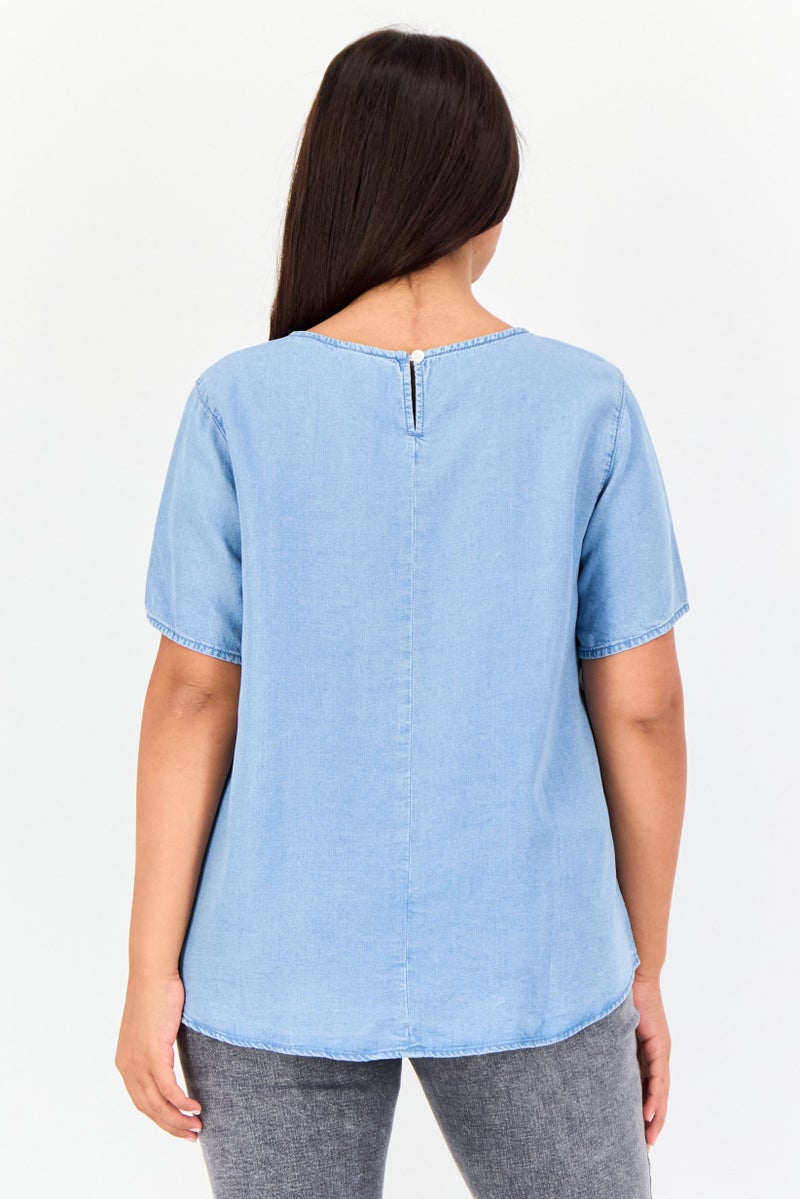 GIORDANO Women Round Neck Short Sleeve Washed Top, Blue  - Image 3