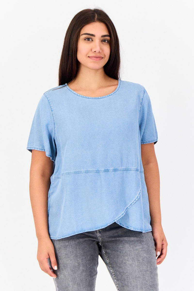 GIORDANO Women Round Neck Short Sleeve Washed Top, Blue  - Image 1