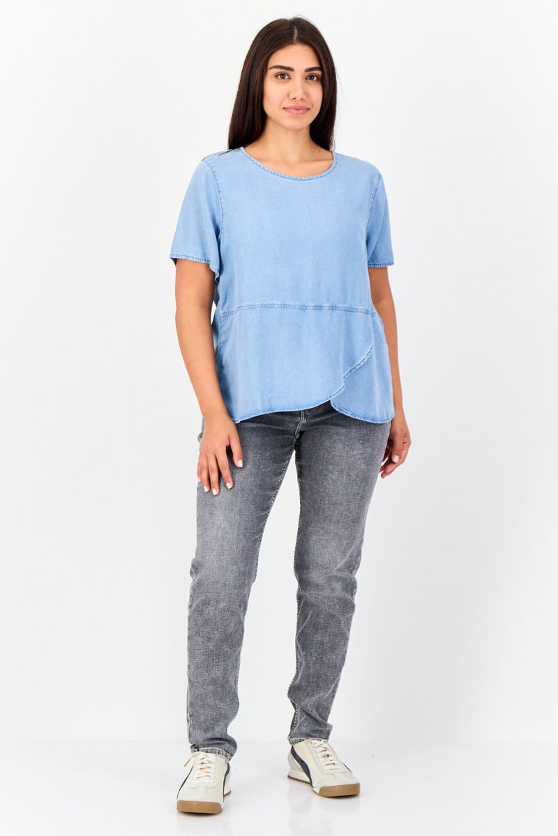 GIORDANO Women Round Neck Short Sleeve Washed Top, Blue  - Image 4