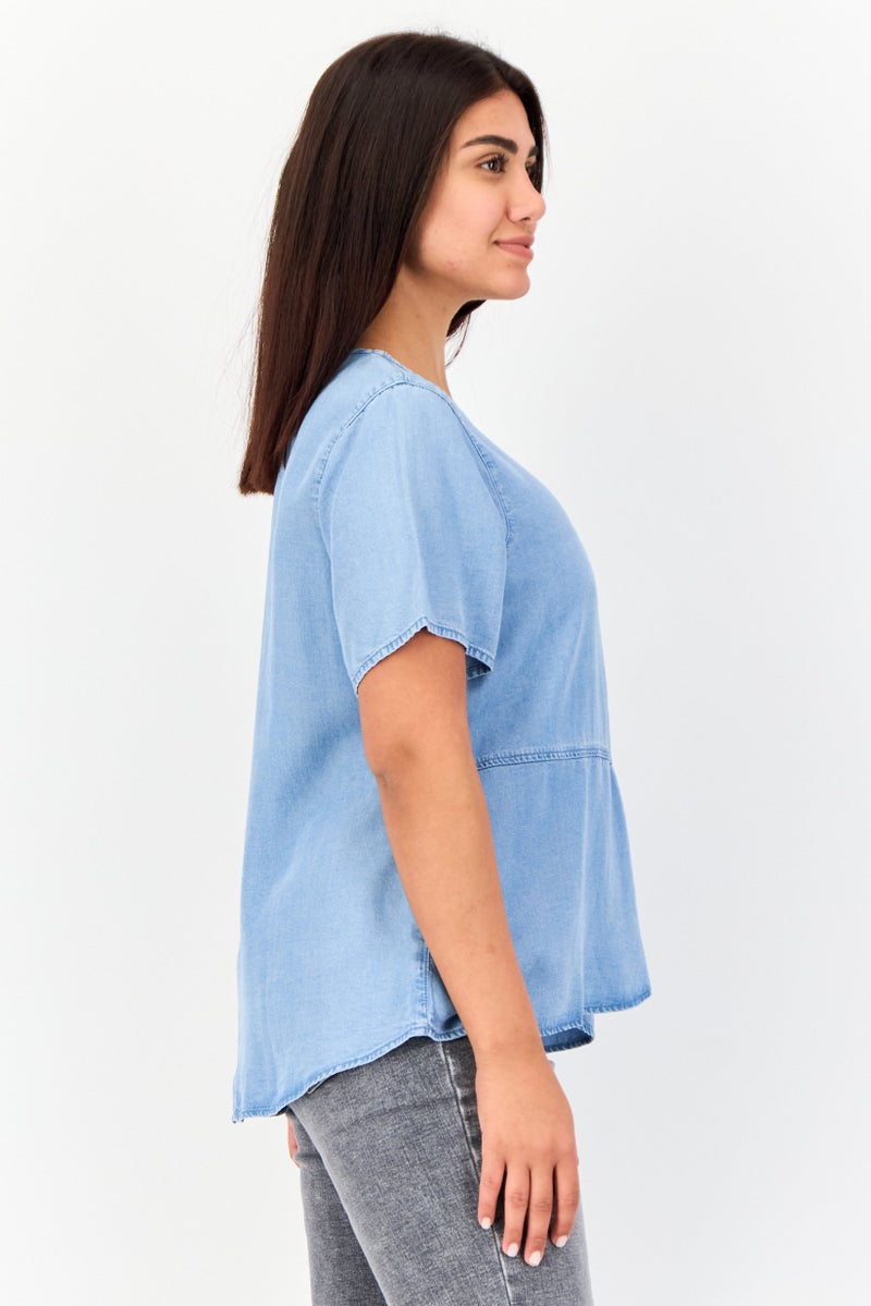 GIORDANO Women Round Neck Short Sleeve Washed Top, Blue  - Image 2