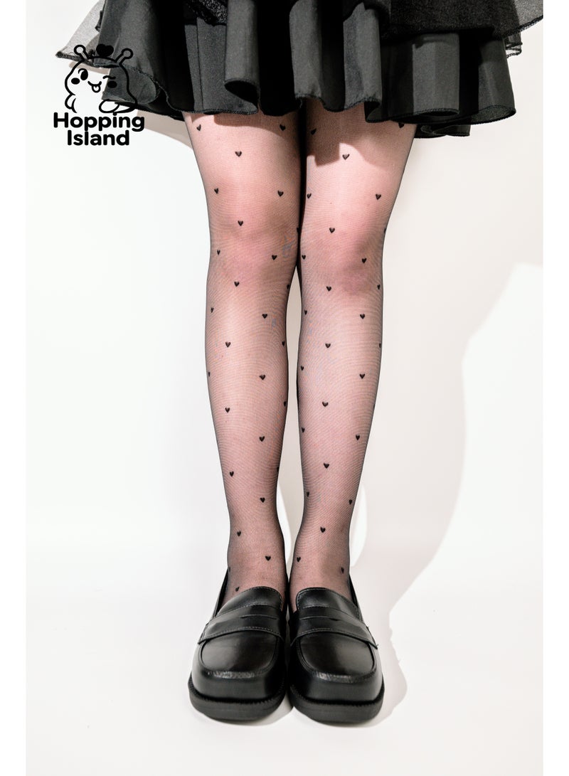 ​جَزِيرَةُ الْقَفَزَاتِ جوارب HI فلورال السوداء الشفافة للغاية – بنقشة بولكا دوت وقلوب، تصميم أنثوي رقيق على شكل كولون - Image 1