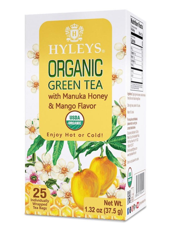 Hyleys Organic Green Tea with Manuka Honey & Mango Flavor - 25 Tea Bags (100% Natural, Sugar Free, Gluten Free and Non-GMO) - Image 1