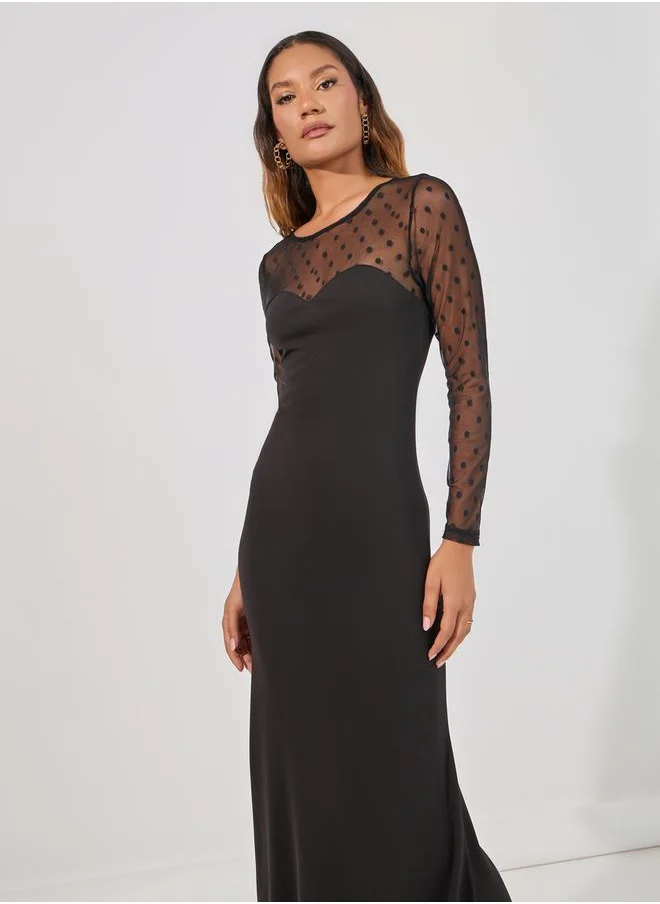 Styli Flocked Mesh Insert Bodycon Maxi Dress