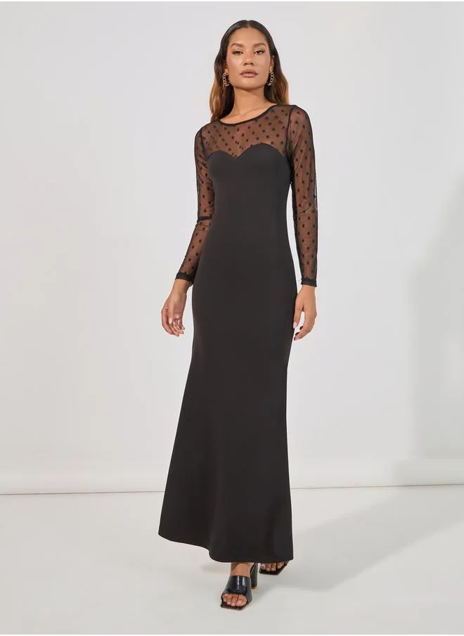 Styli Flocked Mesh Insert Bodycon Maxi Dress