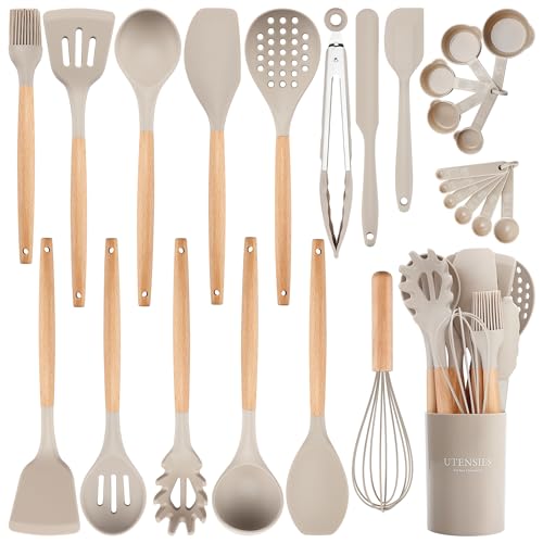 NCUE 26 Pcs Silicone Cooking Utensils Set with Holder, NCUE BPA Free Kitchen Utensils Set for Cooking, 446°F Spatulas Silicone Heat Resistant Wooden Handle Spoon Tongs Non-stick Kitchen Gadgets (Khaki) - Image 1