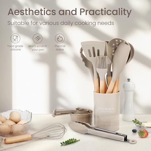 NCUE 26 Pcs Silicone Cooking Utensils Set with Holder, NCUE BPA Free Kitchen Utensils Set for Cooking, 446°F Spatulas Silicone Heat Resistant Wooden Handle Spoon Tongs Non-stick Kitchen Gadgets (Khaki) - Image 2
