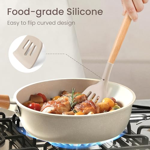 NCUE 26 Pcs Silicone Cooking Utensils Set with Holder, NCUE BPA Free Kitchen Utensils Set for Cooking, 446°F Spatulas Silicone Heat Resistant Wooden Handle Spoon Tongs Non-stick Kitchen Gadgets (Khaki) - Image 5