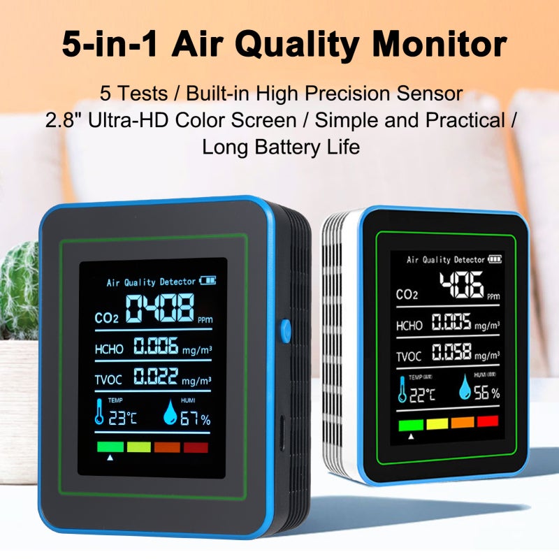 Indoor Air Quality Monitor: Black 2.8-Inch TFT Color Screen - Comprehensive Monitoring CO2, HCHO, TVOC, Temperature & Humidity for Home, Office, Car, Grow Tent - Image 4