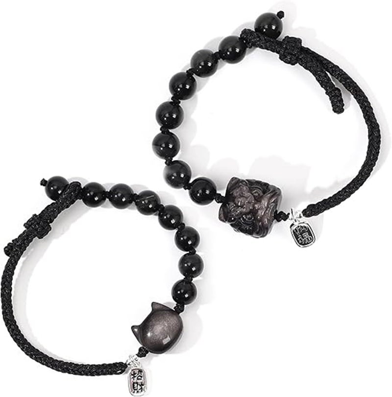 KASTWAVE Black Obsidian Bracelets for Couples with Wealth-Attracting Cat and Pixiu Design - Energy Purification, Good Luck Gift for Anniversary - Unisex Matching Bracelets for Women Men, 2PCS - Image 2