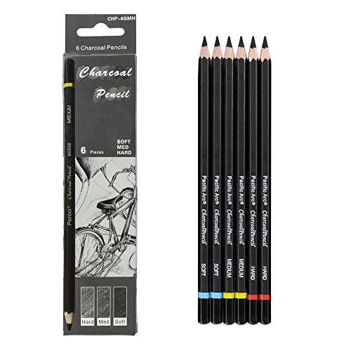 Pacific Arc Premium Charcoal Drawing Pencils for Artists - 6 pieces Soft Medium and Hard - Charcoal Pencils for Drawing, Sketching and Shading - Great Non Toxic Art Supplies Set for Adults and Kids - Image 1