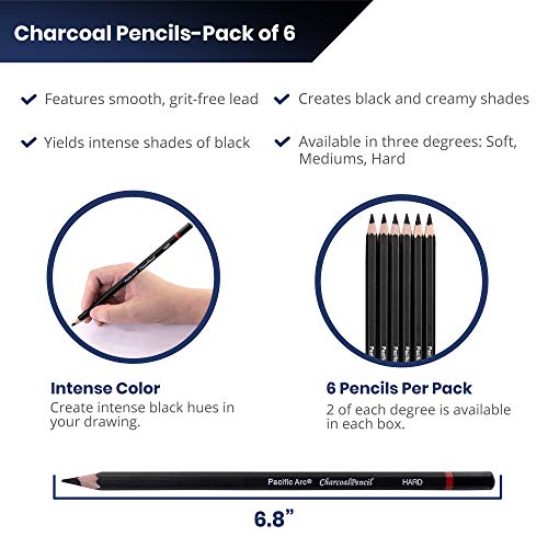 Pacific Arc Premium Charcoal Drawing Pencils for Artists - 6 pieces Soft Medium and Hard - Charcoal Pencils for Drawing, Sketching and Shading - Great Non Toxic Art Supplies Set for Adults and Kids - Image 4