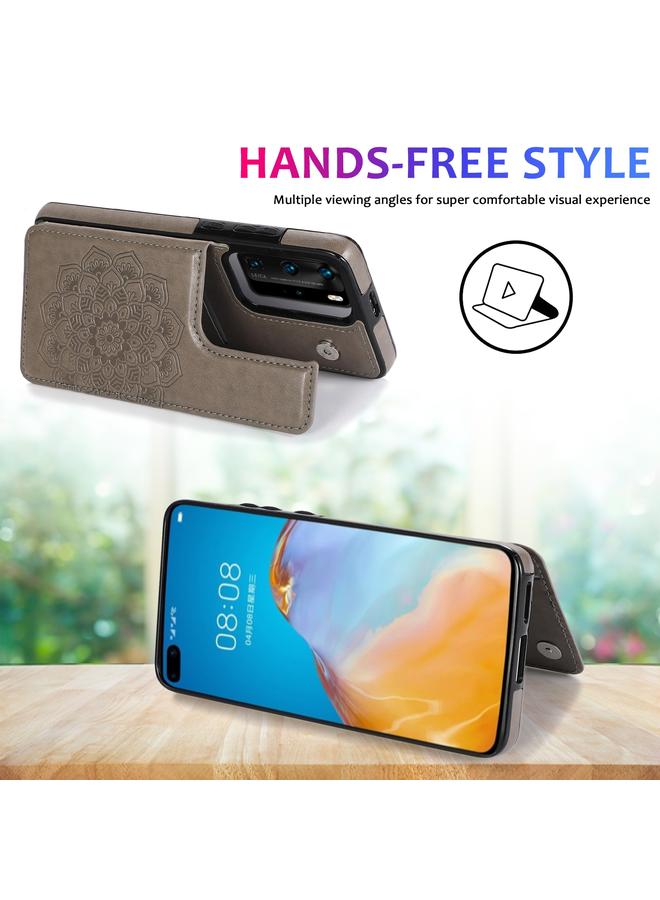 زبون جراب لهاتف Huawei P40 مزود بمشبك مزدوج ونمط ماندالا من البولي يوريثان الحراري مع فتحات للبطاقات وحامل وإطار للصور - Image 4