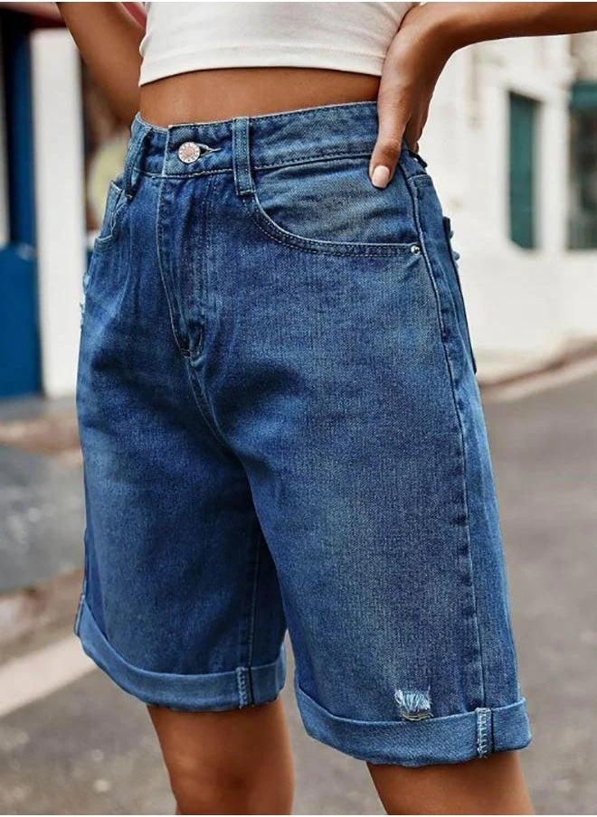 YUNIQEE Blue Solid Denim Shorts
