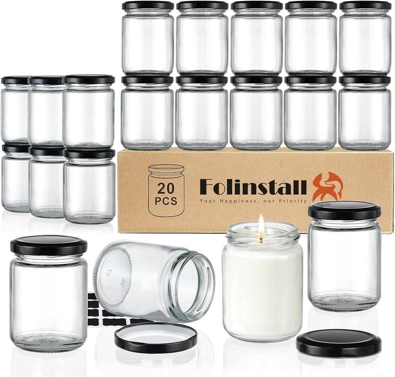 Folinstall 8 oz Small Glass Jars with Airtight Lids, 20 Pcs Candle Jars for Candle Making, Wedding Party, Empty Food Storage Jars for Spices, Honey, Jam, Candy, Cookies, Pudding, Yogurt, Dessert - Image 1