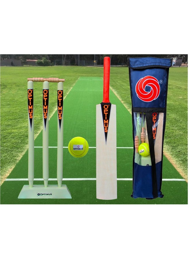 Optimus مجموعة أدوات كريكيت خشبية من أوبتيموس® للأطفال في غلاف تترون ثقيل - الحجم 5 للأطفال من 11-12 سنة (1 مضرب، 1 كرة مطاطية تنس، 3 دعامات، 1 قاعدة دعامات، 2 بيل و1 غلاف مجموعة) - Image 1