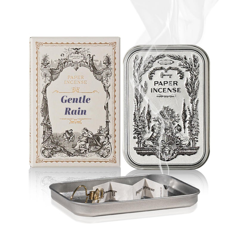OPTATUM Paper Incense - 48pcs with Vintage Tin Case, Burning Papers Infused with Natural Essential Oils, Quick Usage & Long-Lasting Fragrance, Eliminating Bathroom, Kitchen, Pet Odors - Gentle Rain - Image 1