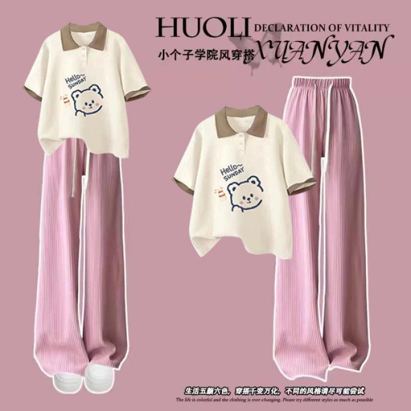 Girls Summer Fashion Set 2024 Korean Polo Top  Silk Pants Powder pants apricot Polo bear
