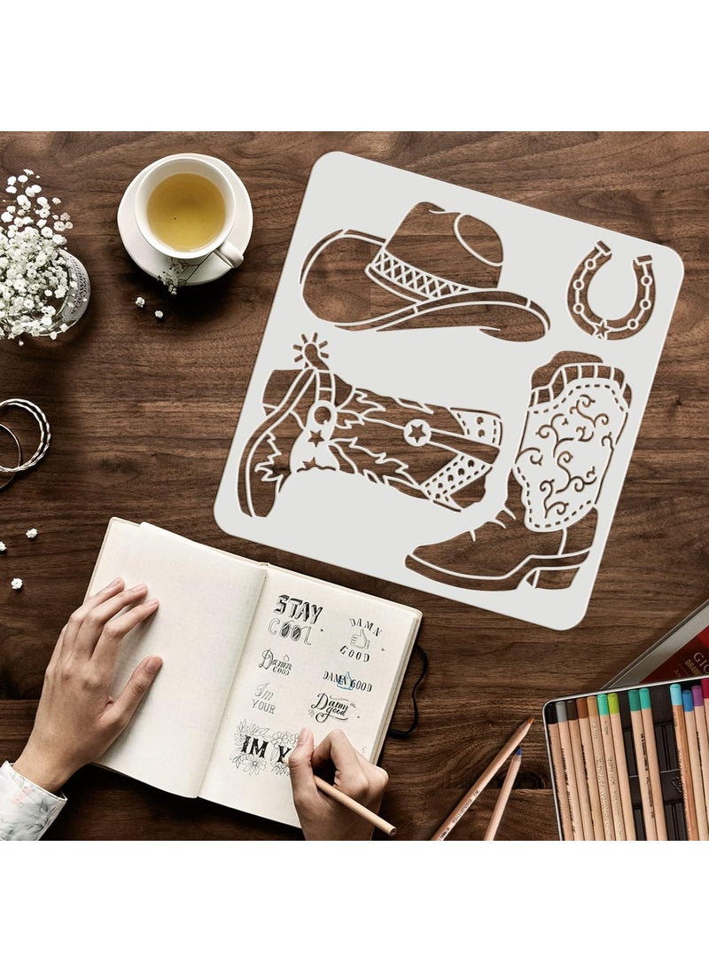FINGERINSPIRE - Cowboy Boots and Hat Stencil 11.8x11.8inch Reusable Cowboy Stencils Western Cowboy Stencils for Painting on Wood, Tile, Paper, Fabric, Floor and Wall - Image 1