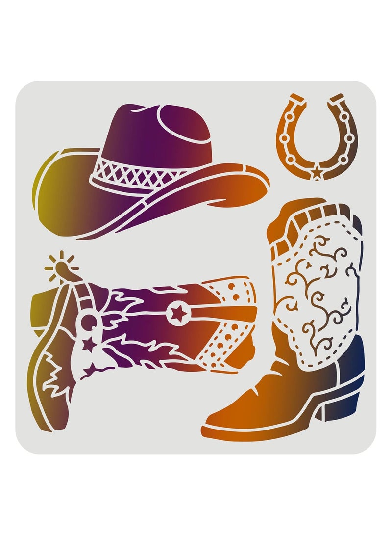 FINGERINSPIRE - Cowboy Boots and Hat Stencil 11.8x11.8inch Reusable Cowboy Stencils Western Cowboy Stencils for Painting on Wood, Tile, Paper, Fabric, Floor and Wall - Image 1