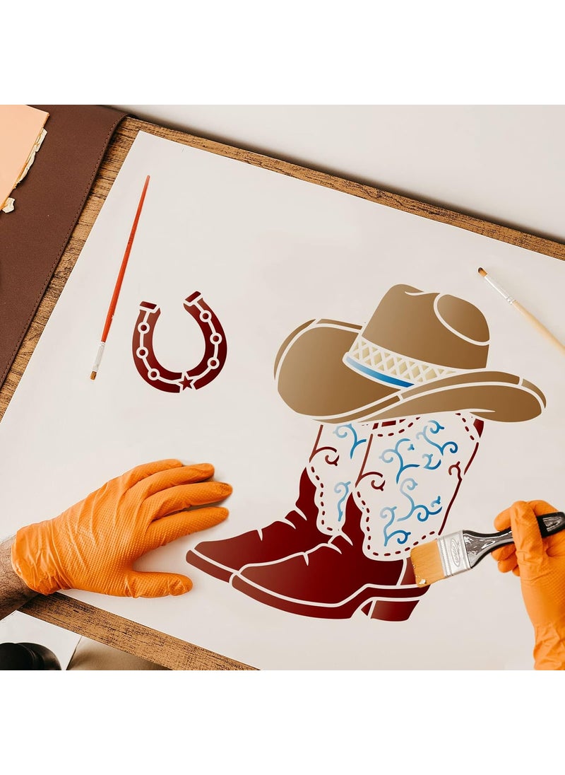 FINGERINSPIRE - Cowboy Boots and Hat Stencil 11.8x11.8inch Reusable Cowboy Stencils Western Cowboy Stencils for Painting on Wood, Tile, Paper, Fabric, Floor and Wall - Image 1