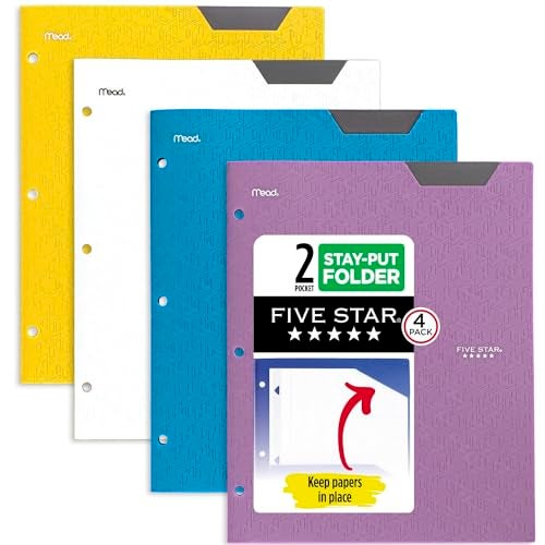 Five Star 2-Pocket Folder, 4 Pack, Plastic Folder with Stay-Put Tabs, Fits 3-Ring Binder, Holds 8-1/2" x 11" Paper, Tidewater Blue, White, Amethyst Purple, Harvest Yellow (38065) - Image 1