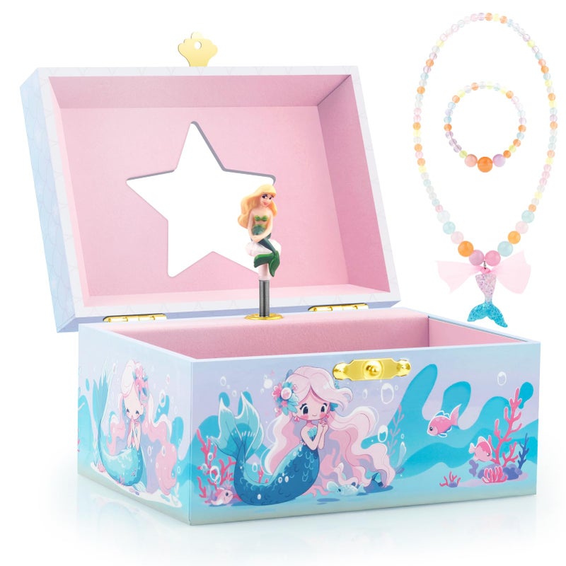 RR ROUND RICH DESIGN Kids Musical Jewelry Box for Girls Include Pretty Jewelry Set with Cute Mermaid Theme Beautiful Dream Tune Blue